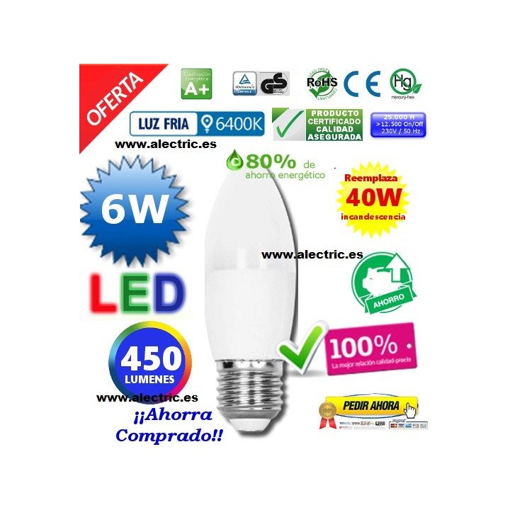Bombilla led Vela E27  6W luz blanca