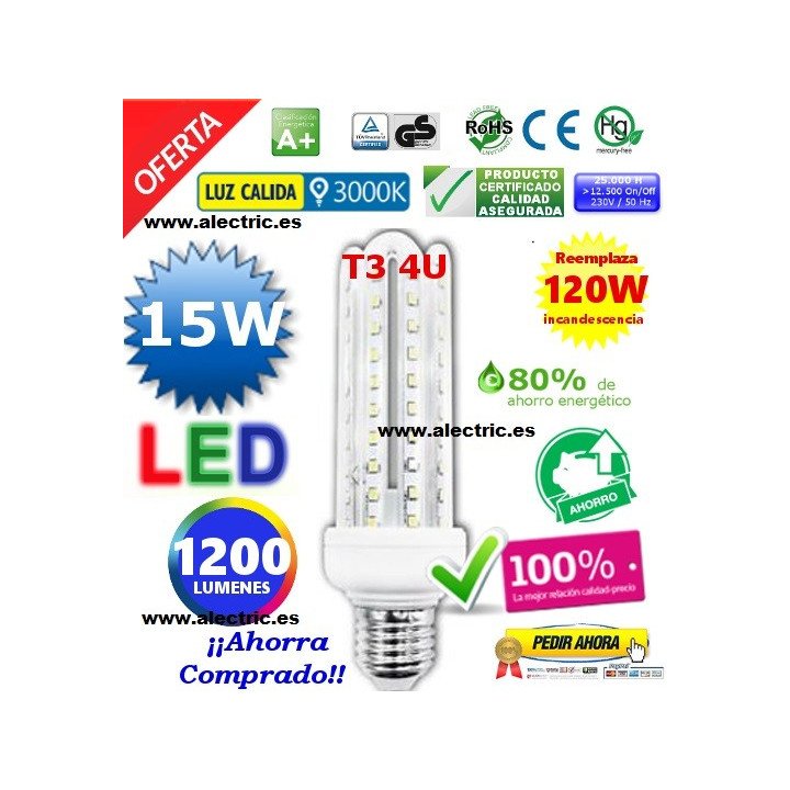 Bombilla led T3 E27 15W luz cálida