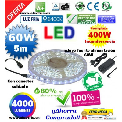 Kit tira led 5m y fuente 12v luz blanca