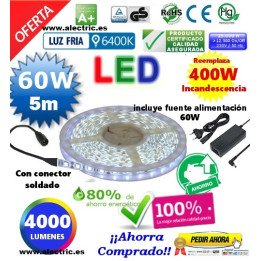 Kit tira led 5m y fuente 12v luz blanca