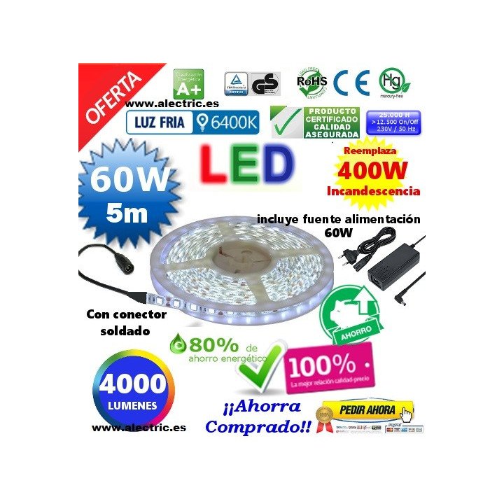 Kit tira led 5m y fuente 12v luz blanca